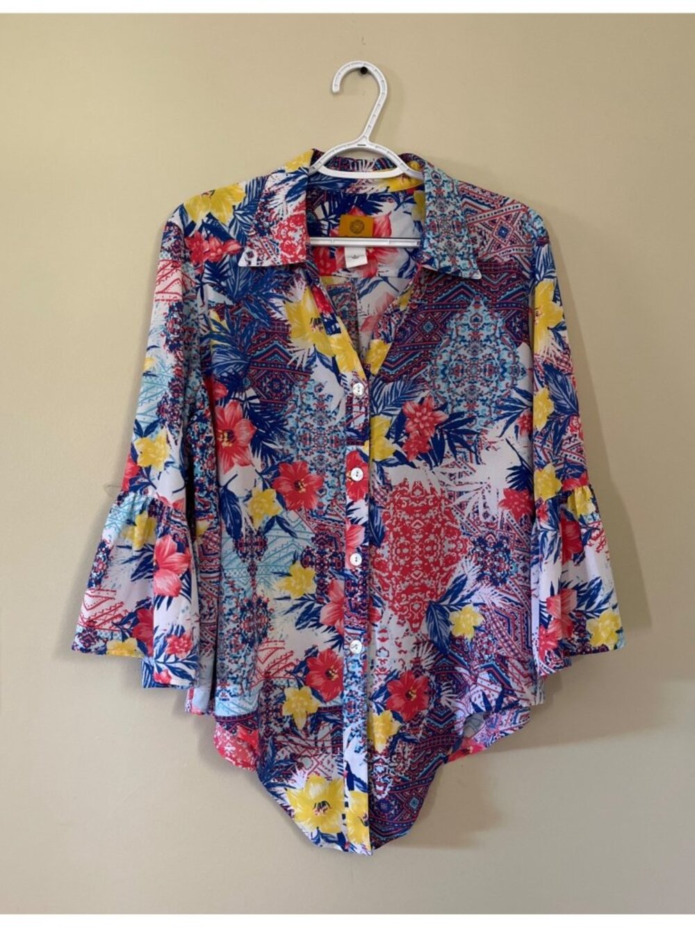 Ruby Rd. Womens Large Multicolor Floral Print Button-Up Bell Sleeves Blouse